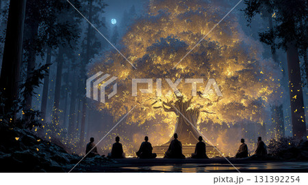 Serene Night Meditation Under a Luminous Tree in a Mystical Forest Setting 131392254