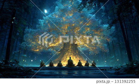 Serene Meditation Under Luminous Tree in Mystical Forest at Night 131392255
