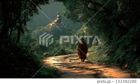Serene Monk Walking on Path Toward Giant Buddha Statue Amid Lush Greenery 131392280
