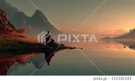 Serene Monk Meditating by Tranquil Lake with Majestic Mountains at Dusk 131392281