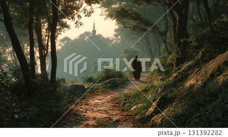 Serene Journey Through a Misty Forest Path at Sunrise with a Gentle Walker 131392282