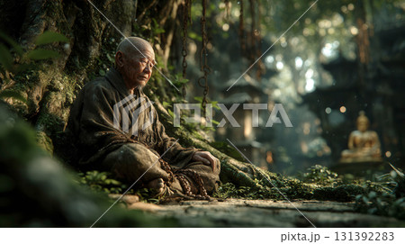 Serene Monk Meditating in Enchanted Forest with Ancient Shrines and Lush Greenery Serene Monk Meditating in Enchanted Forest with Ancient Shrines and Lush Greenery 131392283