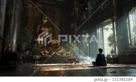 Serene Meditation in Ancient Temple with Buddha Statue and Soft Light Atmosphere Serene Meditation in Ancient Temple with Buddha Statue and Soft Light Atmosphere 131392284