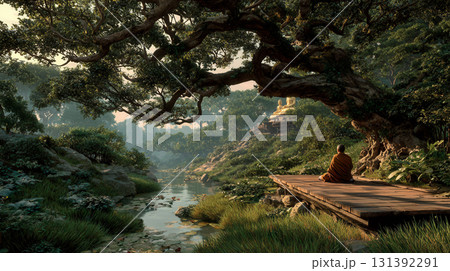 Tranquil Meditation Scene by the River in a Serene Natural Setting Tranquil Meditation Scene by the River in a Serene Natural Setting 131392291