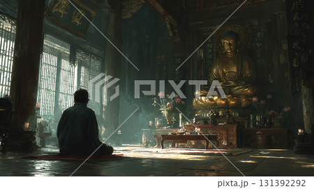 Serene Meditation Space with Golden Buddha Statue and Soft Ambient Lighting Serene Meditation Space with Golden Buddha Statue and Soft Ambient Lighting 131392292