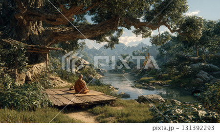 Serene Meditation Scene in Nature with Buddha Statue and Tranquil River Setting 131392293