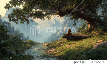 Serene Monk Sitting in Meditation Under Tree Near Tranquil Stream in Nature 131392294