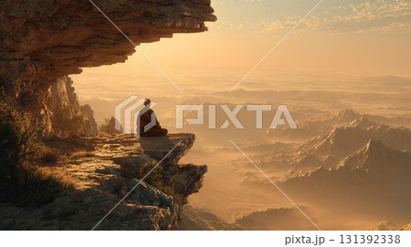 Tranquil Monk Meditation on Mountain Cliff with Breathtaking Sunrise Landscape Tranquil Monk Meditation on Mountain Cliff with Breathtaking Sunrise Landscape 131392338