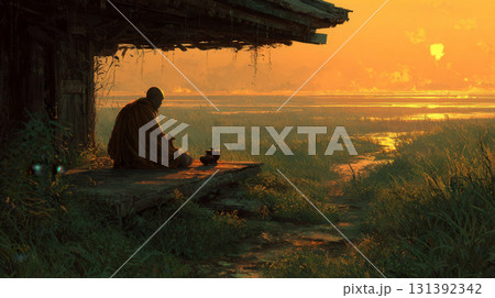 Serene Sunset Meditation by Tranquil Waters, Evoking Peace and Reflection Serene Sunset Meditation by Tranquil Waters, Evoking Peace and Reflection 131392342
