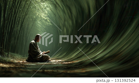 Serene Monk in Bamboo Grove Reading under Ethereal Light and Natural Serenity 131392524
