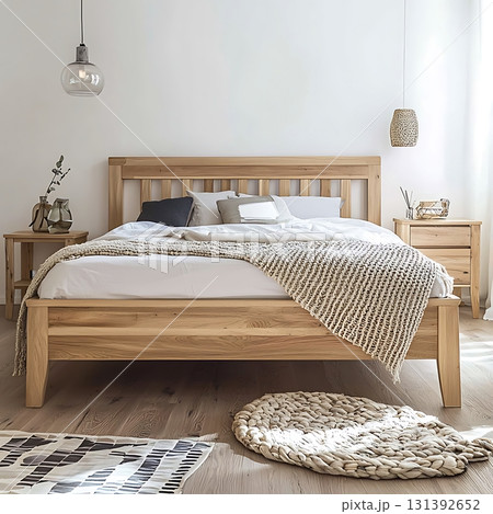 Wooden bed with a white comforter and a white blanket on top 131392652