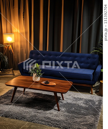 Blue couch and coffee table are in a room with a curtain 131392704