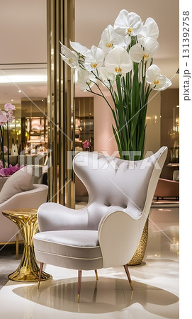 White chair is sitting in front of a large vase of white flowers 131392758