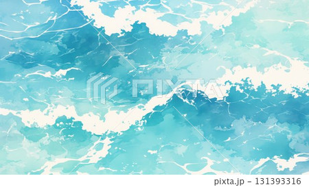 水彩で描かれた青い海と白波のアート背景 131393316