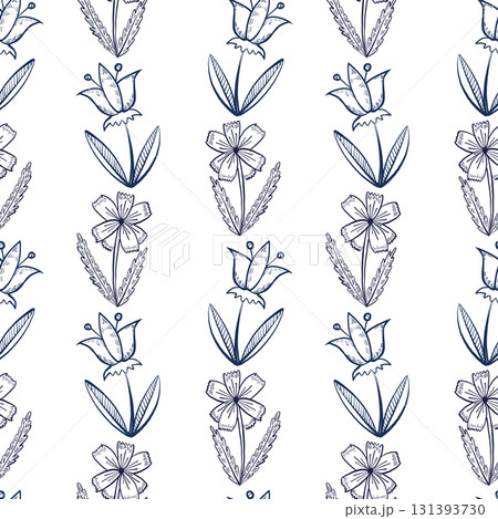 Seamless vector pattern of meadow flowers, cornflowers, bells, all hand-drawn with ink. The illustration is suitable for printing on fabric, paper, textiles, packaging with goods. Vector illustration 131393730