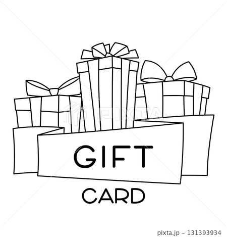 Illustration of gift box. Black line presents gift boxes for celebration, discounts or promotions. 131393934