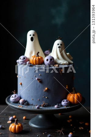 Halloween cake decorated with ghosts and pumpkins on dark background 131393964