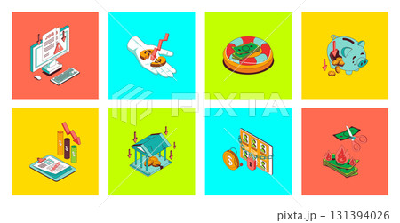 Unemployment and crisis concept of 3d isometric icons set. Pack with dismissal email to employee, financial problems and jobless, global economic recession and banking crash. Vector illustration. 131394026