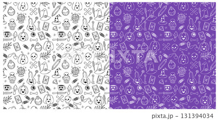Outline Halloween Seamless pattern set. Witchcraft Pumpkin Jack lantern magic ball, Mystic Skull, Tarot, Magic crystal, Mushrooms. Isolated Line hand drawing. Vector illustration. Not AI Outline Halloween Seamless pattern set. Witchcraft Pumpkin Jack lantern magic ball, Mystic Skull, Tarot, Magic crystal, Mushrooms. Isolated Line hand drawing. Vector illustration. Not AI 131394034