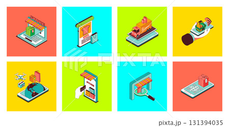 Online shopping concept of 3d isometric icons set. Pack with ordering new goods at store, doing internet purchasing with payments in app, using delivery service, tracking parcels. Vector illustration. Online shopping concept of 3d isometric icons set. Pack with ordering new goods at store, doing internet purchasing with payments in app, using delivery service, tracking parcels. Vector illustration. 131394035