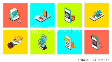 Mobile banking concept of 3d isometric icons set. Pack with cash out in atm, online pays in app, saving money in bank safe, doing financial management, credit cards in account. Vector illustration. 131394037