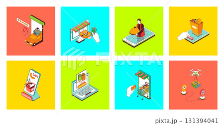 Food delivery concept of 3d isometric icons set. Pack with ordering online pizza or grocery menu, fast courier shipping service, eatery meals distribution, package transportation. Vector illustration. 131394041