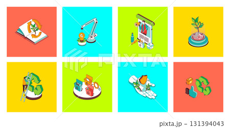 Ecology concept of 3d isometric icons set. Pack with waste management and recycling technology, garbage cleanup to bins, alternative energy for save planet and climate support. Vector illustration. Ecology concept of 3d isometric icons set. Pack with waste management and recycling technology, garbage cleanup to bins, alternative energy for save planet and climate support. Vector illustration. 131394043