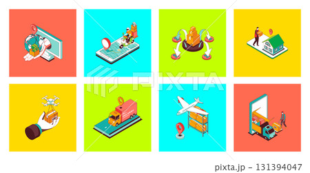 Delivery concept of 3d isometric icons set. Pack with global logistics with warehouse, truck transportation, food delivering with drones and couriers, tracking parcels in app. Vector illustration Delivery concept of 3d isometric icons set. Pack with global logistics with warehouse, truck transportation, food delivering with drones and couriers, tracking parcels in app. Vector illustration 131394047