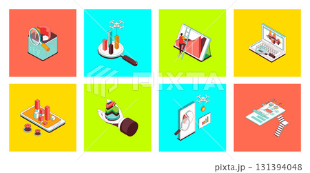 Data analysis concept of 3d isometric icons set. Pack with statistics research, bar charts, marketing report with diagram and graph, database computing, analytics and statistics. Vector illustration. Data analysis concept of 3d isometric icons set. Pack with statistics research, bar charts, marketing report with diagram and graph, database computing, analytics and statistics. Vector illustration. 131394048