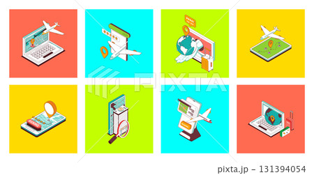 Booking concept of 3d isometric icons set. Pack with search and buy airline tickets online, ordering airplane transportation, hotel room reservation with rating in mobile app. Vector illustration. Booking concept of 3d isometric icons set. Pack with search and buy airline tickets online, ordering airplane transportation, hotel room reservation with rating in mobile app. Vector illustration. 131394054