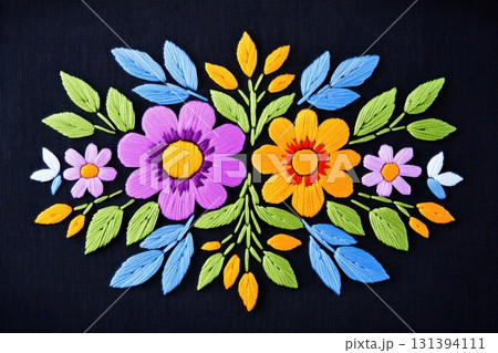 Traditional Polish Embroidery Pattern Featuring Vivid Floral Garlands on Black Fabric Background Traditional Polish Embroidery Pattern Featuring Vivid Floral Garlands on Black Fabric Background 131394111