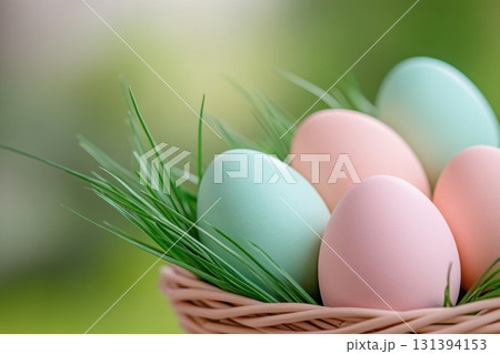 Colorful Easter basket filled with cheerful eggs surrounded by vibrant grass in a joyful spring setting Colorful Easter basket filled with cheerful eggs surrounded by vibrant grass in a joyful spring setting 131394153