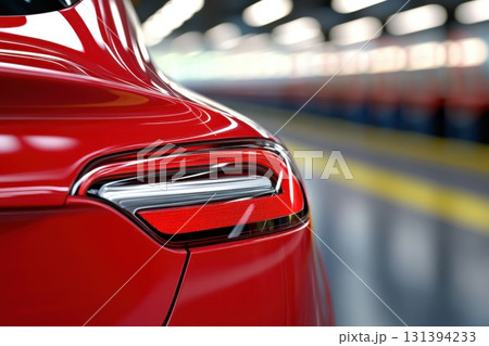 Detailed view of a ruby-red cars glossy surface with reflections emphasizing curves against a dark urban backdrop showcasing modern design 131394233