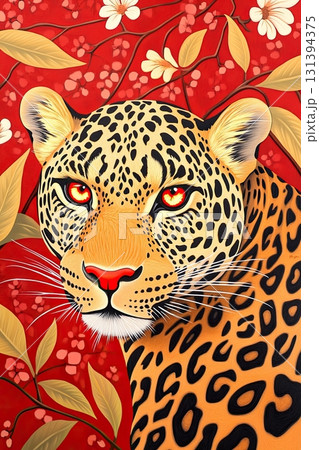 Red leopard illustration with glowing eyes surrounded by floral patterns on a vibrant crimson background Red leopard illustration with glowing eyes surrounded by floral patterns on a vibrant crimson background 131394375