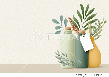 Organic product web banner featuring elegant glass bottles in soft beige tones, adorned with greenery and a blank tag for customizable branding and marketing purposes 131394425