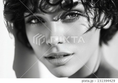 Black and white portrait of a young woman with curly hair, showcasing her expressive features and captivating gaze, emphasizing beauty and emotion in a minimalist setting 131394429