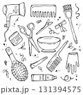 Hand drawn vector illustration with hairdressing tools in doodle style. Black outline sketch set of beauty salon items. Scissors, hair dryer, combs, gloves on white background. 131394575