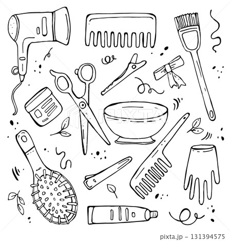 Hand drawn vector illustration with hairdressing tools in doodle style. Black outline sketch set of beauty salon items. Scissors, hair dryer, combs, gloves on white background. 131394575