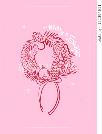 Coquette Christmas greeting card with wreath of pine branches with red berries and ribbon bow. Hand drawn contour vector illustration isolated on pink background. Winter holiday vintage decoration. 131394611