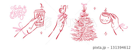 Coquette Christmas elements set - female hands holding a paper cup of coffee, a mug of tea, a cockerel lollipop. Winter whimsical clipart with pink bows. Vector contour hand drawn illustration. Coquette Christmas elements set - female hands holding a paper cup of coffee, a mug of tea, a cockerel lollipop. Winter whimsical clipart with pink bows. Vector contour hand drawn illustration. 131394612