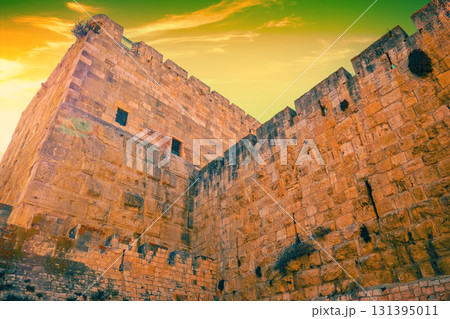 Ancient wall in old city Jerusalem. Western wall, Israel 131395011