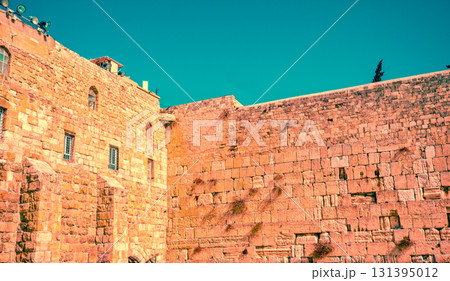 Ancient wall in old city Jerusalem. Western wall, Israel 131395012