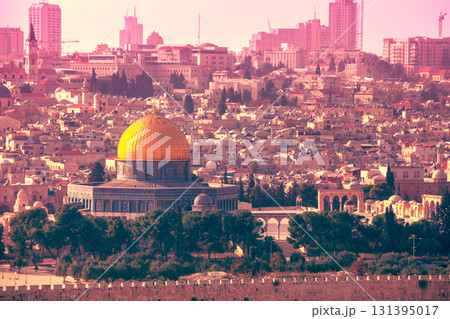 Panoramic view from Mount Olive of old city Jerusalem and Dome of the Rock, Temple Mount (Har Ha Bayit) at sunset, Israel Panoramic view from Mount Olive of old city Jerusalem and Dome of the Rock, Temple Mount (Har Ha Bayit) at sunset, Israel 131395017