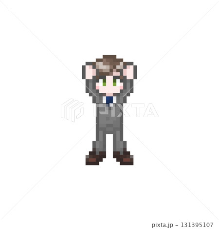 ドット絵のばんざいするスーツ姿の男性会社員 ドット絵のばんざいするスーツ姿の男性会社員 131395107