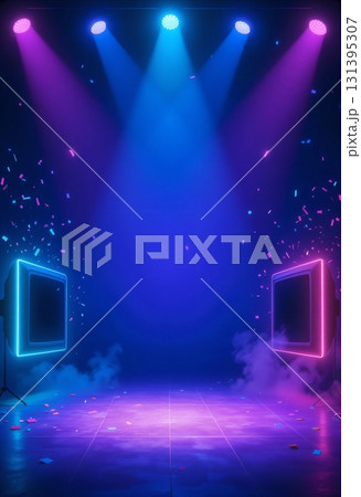 Colorful stage with glowing neon spotlights and vintage monitors Colorful stage with glowing neon spotlights and vintage monitors 131395307