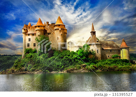 fairy castle on lake over sunset - chateau de Val, France 131395527