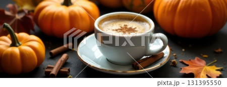 Pumpkin spice latte with pumpkins and autumn decoration creating cozy atmosphere Pumpkin spice latte with pumpkins and autumn decoration creating cozy atmosphere 131395550