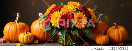 Vibrant bouquet of gerbera daisies enhancing autumnal still life with pumpkins Vibrant bouquet of gerbera daisies enhancing autumnal still life with pumpkins 131395551