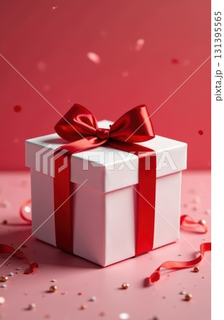 White gift box with red bow on pink background with falling confetti celebrating christmas or valentine's day 131395565