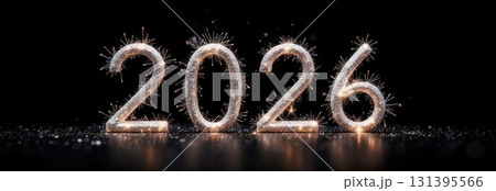 Sparkling 2026 sign illuminating dark background with copy space 131395566
